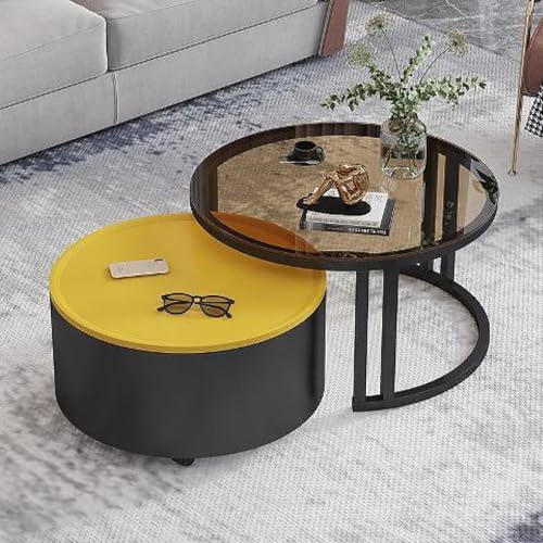 Rivorne Kreativer Runder Couchtisch Aus Glas mit Metallrahmen, Couchtisch Rund 2er Set, Mit Stauraum, für Kleine Räume Wohnzimmer Schlafzimmer Balkone mit Rädern(B-Yellow) von Rivorne