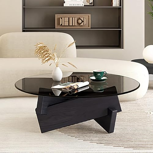 Rivorne Moderner Couchtisch Aus Glas, Runder Couchtisch für Wohnzimmer, Gehärtetes Glas Beine Aus Massivholz für Kleine Räume Wohnzimmer Schlafzimmer Balkone-Einfach Zu Montieren(Black,70x31cm/28x12) von Rivorne
