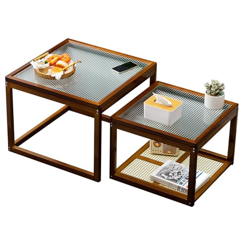 Rivorne Moderner Satz-Couchtisch, quadratisches Couchtisch-Set aus gehärtetem Glas, 2er-Set, mit Holzrahmen für Wohnzimmer und Büro – einfach zu montieren(Brown,2 Pieces) von Rivorne