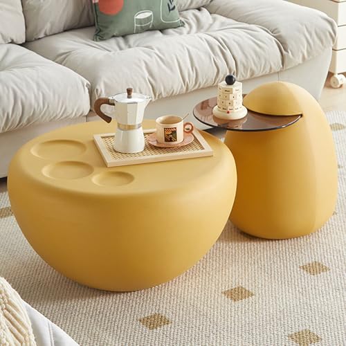 Rivorne Runder Couchtisch 2er Set Wohnzimmer Tisch Katzenpfote Cremefarben PP-Material und gehärtetes Glas minimalistisches Design für Wohnzimmer Schlafzimmer-Einfach zu montieren 69x39cm(Yellow) von Rivorne