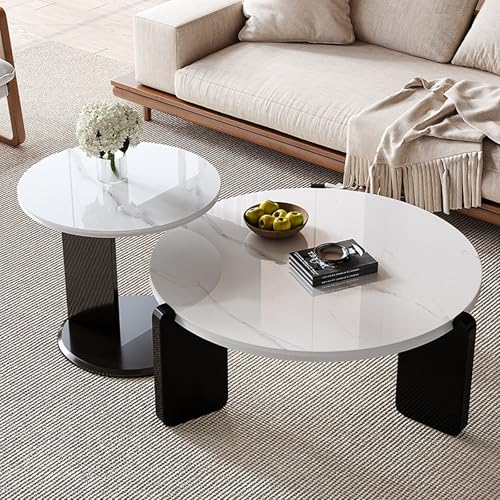 Rivorne Runder Couchtisch Weiß 2er Set Wohnzimmer Tisch für Couch Keramikstein und Gummibaumholz für Wohnzimmer, Schlafzimmer, Balkon Einfach Zu Montieren 80cm(Black) von Rivorne