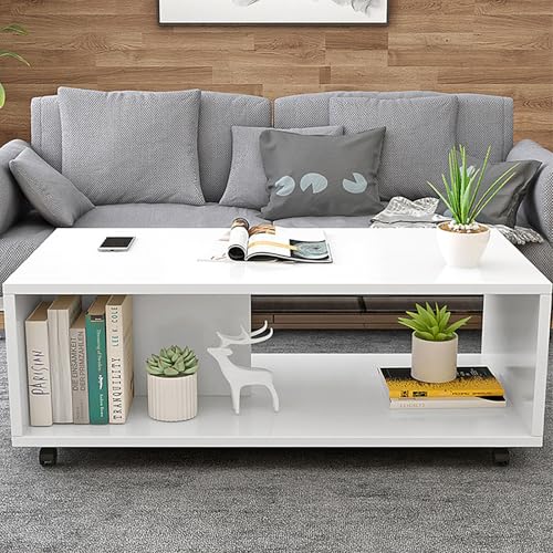 Zentraler Wohnzimmer-Couchtisch, Mit Mehrschichtiger Aufbewahrung und Beweglichem Sofatisch Auf Rolle für Kleine Räume Wohnzimmer Schlafzimmer Balkone-Einfach Zu Montieren(White,80x40x38cm/31x16x15in) von Rivorne
