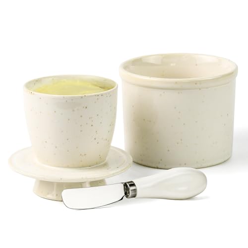 Rixordd Butterbehälter aus Porzellan mit Streumesser - Französische Butterdose & Buttermesser Set, Wasserlinie Design für streichbare Butter - gesprenkelte weiße Arbeitsplattenaufbewahrung von Rixordd