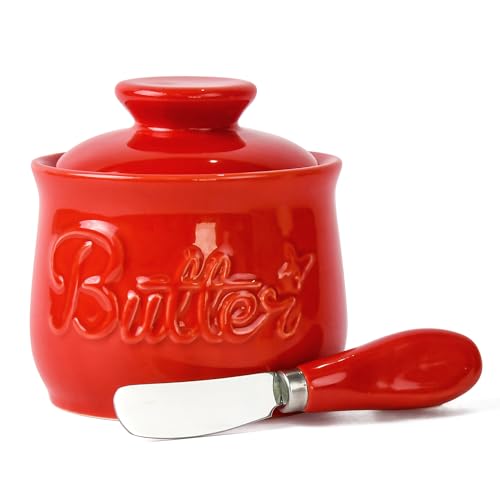 Rixordd Roter Buttertopf & Edelstahl Streumesser Set - Französischer Butterbehälter mit Wasserlinie, Butterdose auf der Arbeitsplatte - Bleifreies Porzellan, Spülmaschinenfest, Vibrant Red Rixordd Roter Buttertopf & Edelstahl Streumesser Set - Französischer Butterbehälter mit Wasserlinie, Butterdose auf der Arbeitsplatte - Bleifreies Porzellan, Spülmaschinenfest, Vibrant Red von Rixordd