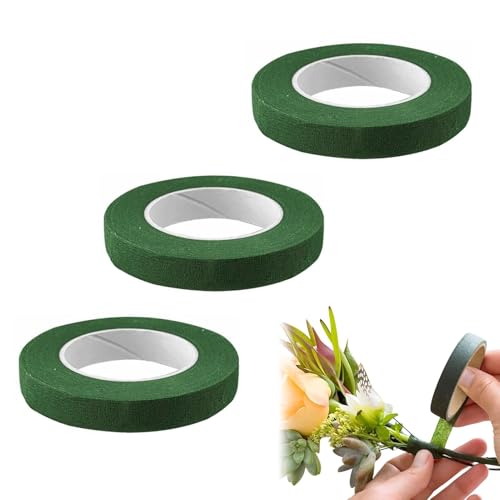 3 Rollen Flora Kreppband, Floristenband Selbstklebend Floristenkrepp Blumenband Floristik Draht Klebeband Blumen Wickelband Floral Wire Tape für Blumenstrauß Stiel Verpacken Blumenhandwerk Dunkelgrün von Rixotix