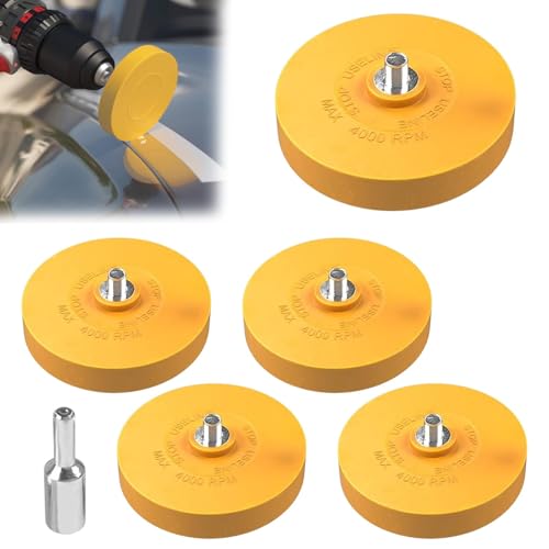 5 x Folienradierer Set mit 1x Adapter zum Professionellen Entfernen von Folien und Kleberesten am Fahrzeug, Auto oder Motorrad für Bohrmaschinen, Akku-Schrauber, Geradschleifer(COLOR:Gelb) von Rixotix