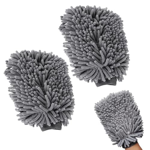 Rixotix 2er Set Waschhandschuh Auto, Premium Auto Waschhandschuh Mikrofaser, Kratzfrei & Schonend, Chenille Mikrofaser Handschuh Auto, Extra Saugstark Und Schonend Weich, Dunkelgrau von Rixotix