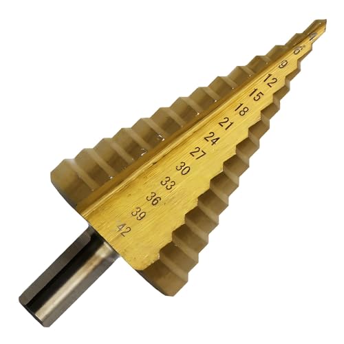 Rixotix HSS Stufenbohrer [10mm Schaft] - Kegelbohrer Lochbohrer Ø 4-42mm - Schälbohrer ideal für Metall, Holz, Kunststoffe - 14 Stufen Konusbohrer(Gold) von Rixotix