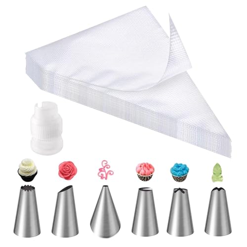 Spritzbeutel Einweg, 100 Stück Spritzbeutel Set+6 Spritztüllen+1 Kuchen Kupplung für Spritztüllen, Große Spritzbeutel Set, Profi-Spritzbeutel für Dekorieren Von Gebäck, Torten Geeignet, Cupcakes von Rixotix