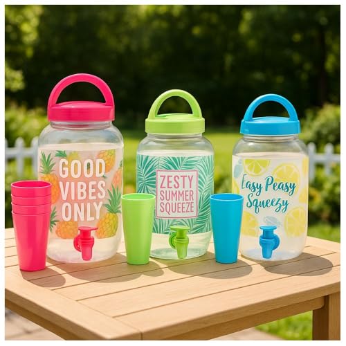 Getränkespender SUMMER Kunststoff Schraubverschluss Henkel Bunt Dispenser (3er set (1x jede farbe)) von Riyashop