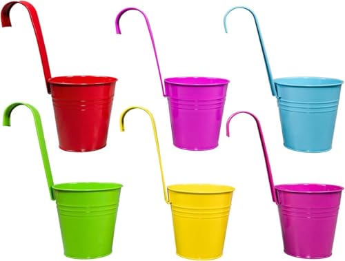 Riyashop 6er Set Bunt Blumentopf hängend - Hängetopf - Pflanztopf - Übertopf - Hängeblumentopf - Blumenübertopf Zink - Ø 9/13 cm - B/H/T ca. 13 x 28 x 24 cm - mit abnehmbaren Haken von Riyashop