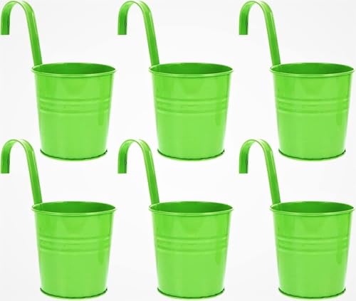 Riyashop 6er Set Grün Blumentopf hängend - Hängetopf - Pflanztopf - Übertopf - Hängeblumentopf - Blumenübertopf Zink - Ø 9/13 cm - B/H/T ca. 13 x 28 x 24 cm - mit abnehmbaren Haken von Riyashop
