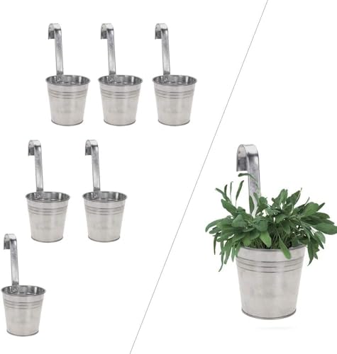 Riyashop 6er Set Silber Blumentopf hängend - Hängetopf - Pflanztopf - Übertopf - Hängeblumentopf - Blumenübertopf Zink - Ø 9/13 cm - B/H/T ca. 13 x 28 x 24 cm - mit abnehmbaren Haken von Riyashop