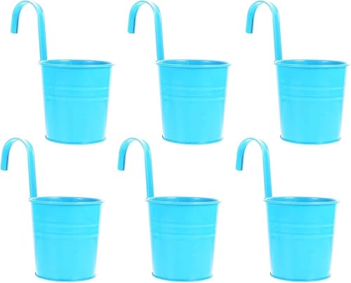 Riyashop 6er Set Türkis Blumentopf hängend - Hängetopf - Pflanztopf - Übertopf - Hängeblumentopf - Blumenübertopf Zink - Ø 9/13 cm - B/H/T ca. 13 x 28 x 24 cm - mit abnehmbaren Haken von Riyashop