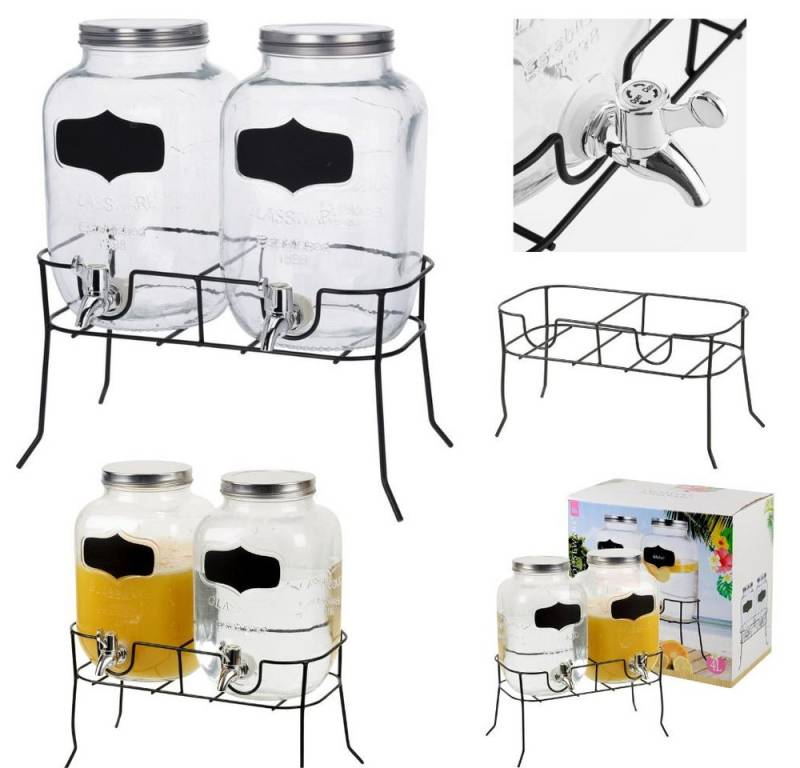 Riyashop Haushaltshobel 2er Set 4L Hochwertiger Getränke Spender aus Glas mit Ständer Zapfhahn von Riyashop