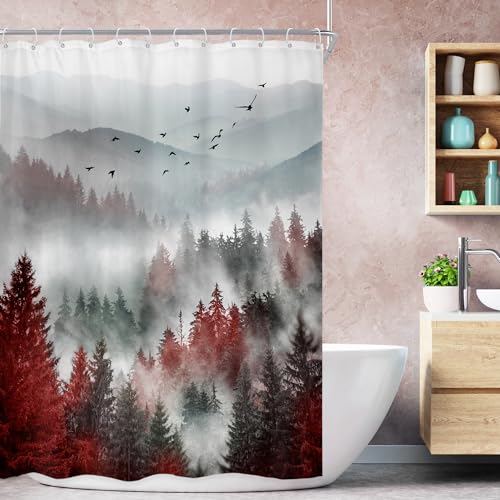 Riyidecor Duschvorhang, schmal, Wohnmobil, klein, Naturholz, rustikale Landschaft, Kiefernbaum, Wald, kühles Badezimmer-Dekor, Polyester, wasserdicht, 12 Haken, Rot / Schwarz von Riyidecor