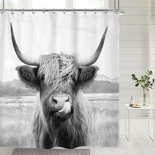 Riyidecor Duschvorhang mit HighlandKuhStierMotiv lustig Bauernhaus Tierportrait Wildtiere 12 Stück Metallhaken wasserdicht Stoff modern modisch Polyester BadezimmerDekoration 183 x 183 cm von Riyidecor