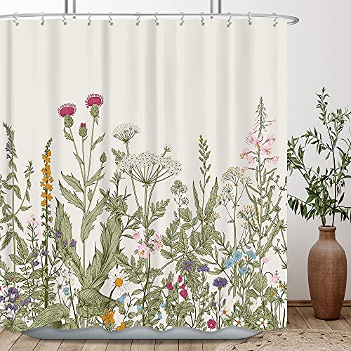 Riyidecor Extra langer Wildblumen-Duschvorhang für Badezimmer-Dekoration, 183 x 213 cm, Blumen-Blumen-Zubehör, Kräuterpflanzen, Badezimmer-Set, Fensterstoff, Polyester, wasserdicht, 12 Stück Haken von Riyidecor