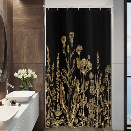 Riyidecor Kleiner Stall Schwarz Gold Dunkle Blumen Wildblume Duschvorhang für Badezimmer Dekor 36 B x 72 H Rustikale botanische Kräuter Pflanze Blätter Natur Kunst Bedruckter Stoff Polyester von Riyidecor