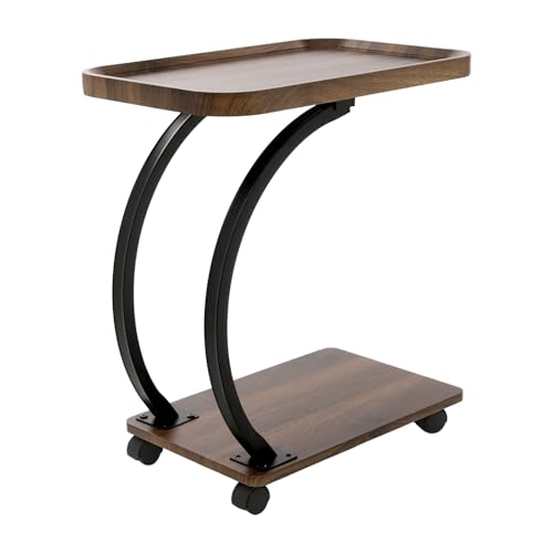 RjcdOPL Beistelltisch C Form mit Rollen, Kleiner Couchtisch Holz Walnuss Finish, 2 Etagen Side Table, Moderner Sofatisch Rechteckig für Sofa Bett Wohnzimmer Schlafzimmer Büro (Walnuss Farbe) von RjcdOPL