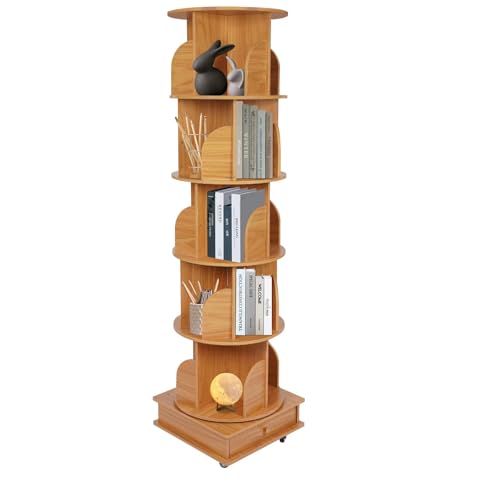 RjcdOPL Drehbares Bücherregal aus Holz mit Rollen, mobiles Bücherregal mit 5 Ebenen, L 46 x T 46 x H 173 cm, vielseitige Aufbewahrung für Bücher, Alben, Pflanzen, Dekorationen (Holz) von RjcdOPL