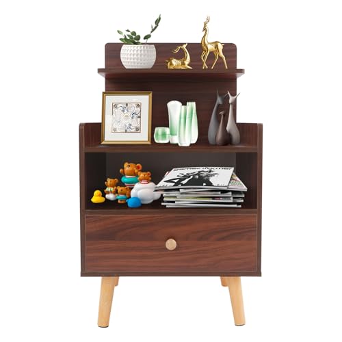RjcdOPL Moderner Nachttisch, Beistelltisch, 1 Schublade + 3 Regale, L 40 x T 34 x H 70 cm, Tragkraft 15 kg, platzsparend, ideal für Schlafzimmer/Wohnzimmer/Büro (Walnuss) von RjcdOPL