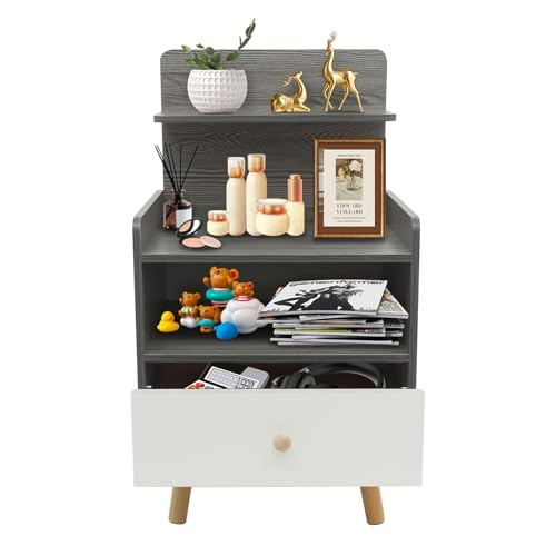 RjcdOPL Moderner Nachttisch, Beistelltisch, 1 Schublade + 3 Regale, L 40 x T 34 x H 70 cm, Tragkraft 15 kg, platzsparend, ideal für Schlafzimmer/Wohnzimmer/Büro (grau) von RjcdOPL