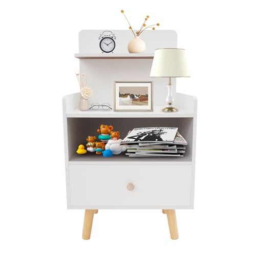 RjcdOPL Moderner Nachttisch, Beistelltisch, 1 Schublade + 3 Regale, L 40 x T 34 x H 70 cm, Tragkraft 15 kg, platzsparend, ideal für Schlafzimmer/Wohnzimmer/Büro (weiß) von RjcdOPL