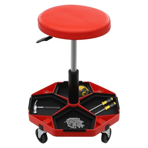 RjcdOPL Werkstatthocker mit Rollen, höhenverstellbar 45 bis 61 cm, mit Werkzeugablage, für Mechaniker, Garagisten, Heimwerker (rot) von RjcdOPL