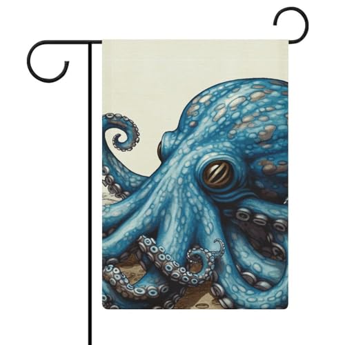 Blaue Oktopus-Gartenflagge, 30,5 x 45,7 cm, doppelseitige Außenflagge, Sommer-Hofflagge, florale Willkommensgartenflaggen, saisonale Hoffeiertagsdekorationen von Rkklvbns