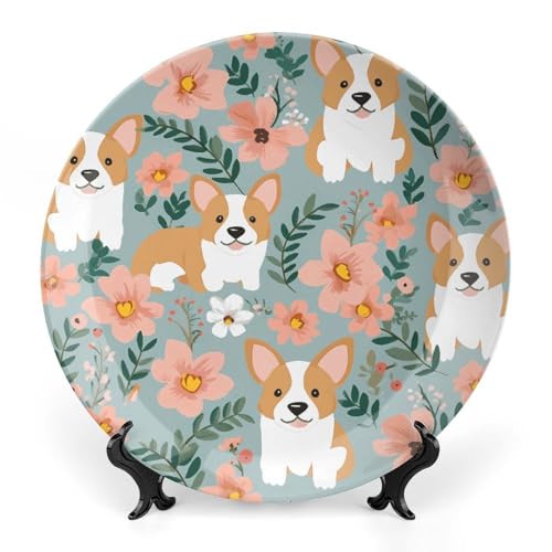 Rkklvbns Corgi Florale Blumen Frühling Garten Dekorative Teller 17,8 cm Keramik Speiseteller Knochenporzellan Dekorativer Teller mit Präsentationsständer Dessertteller für Home Office Wanddekoration von Rkklvbns