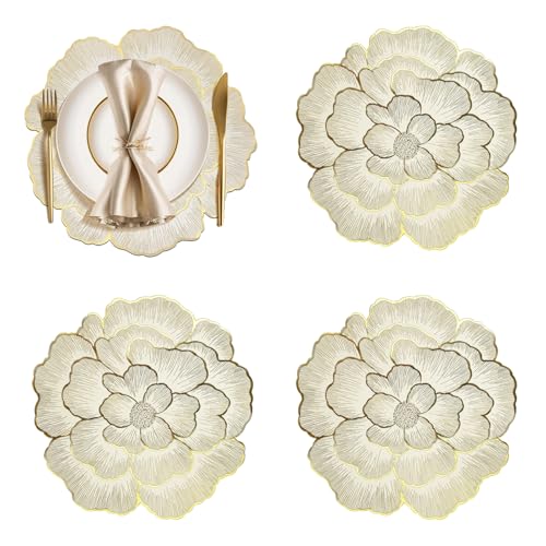 4 stück Tischsets Platzsets Rund, Platzdeckchen Rund Gold, Platzset Abwaschbar Blumen, Perfekte Tischdekoration für Party Hochzeit Restaurant Weihnachtstag (38 x 38 cm) von Rkllejs