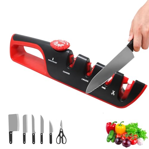 Messerschleifer Profi, Messerschärfer 4 In 1, Manuelle Messerschärfer, Verstellbare Messerschärfer, Messer Schärfer, für Restaurieren Reparieren Polieren von Messer und Scheren, Schwarz Rot von Rkllejs
