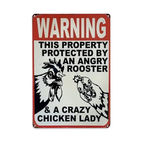 Metall-Blechschild mit Aufschrift "Protected by Angry Roosters & Crazy Chicken Lady", Vintage, Garten, Schlafzimmer, Café, Bar, Männerhöhle, Heimdekoration, Metallposter, 20,3 x 30,5 cm von Rkundrne