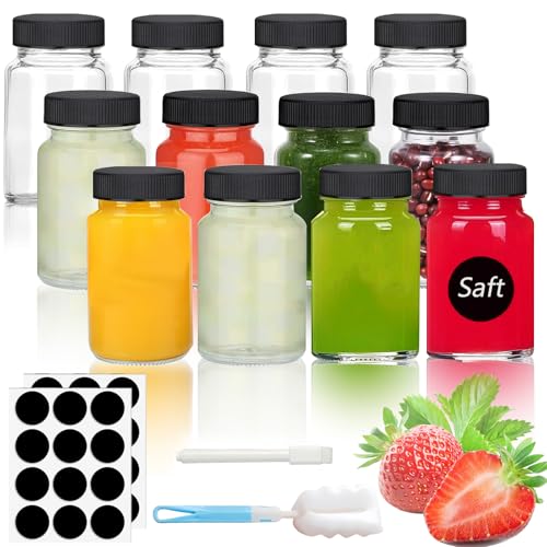 Rliocvhe 12 Stück Ingwer Shot Flaschen zum Befüllen 60ml, Gläser für Ingwer Shot, Mini Glasflaschen mit Deckel, Glas Saft Flaschen, für Ingwer Shot, Whisky,ätherische Öle von Rliocvhe