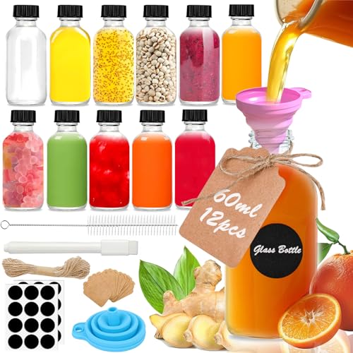 Rliocvhe 12 Stück Shot Flaschen zum Befüllen mit Deckel, 60ml Glas Ingwer Shot Flaschen zum Befüllen, Mini Shot Glasflaschen mit Deckel, für Saft, Ingwer Shot, Whisky von Rliocvhe
