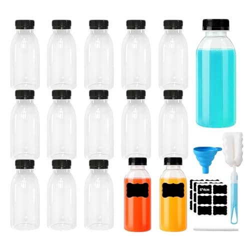 Rliocvhe 16 Stück Shot Flaschen zum Befüllen mit Deckel 250ml, Wiederverwendbare Leere Plastikflaschen zum Befüllen, Smoothie Flasche, Kunststoff Transparent für Säften, Smoothies, Milch, Kaffee von Rliocvhe