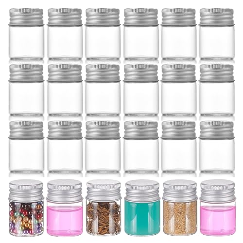 Rliocvhe 24 Stück 15ml Kleine Glasflasche,Reagenzgläser mit Schraubverschluss,Bonbonflasche mit Aluminiumschraubverschluss,Leere Probengläser Probenfläschchen, für Beads Süßigkeiten Gewürze Flüssig von Rliocvhe