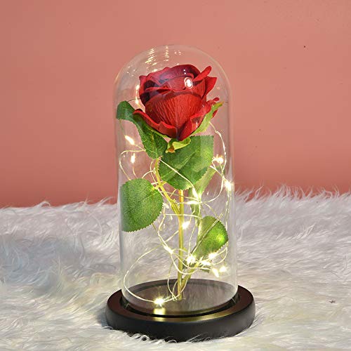 Schönheit und das Biest Rose,Ewige Roses Licht Seidenrose Künstliche Blume mit LED-Licht und Glaskuppel auf Holzsockel Erhaltene Romantische Seidenrose zum Muttertag Valentinstag Hochzeitstag von Rmeet