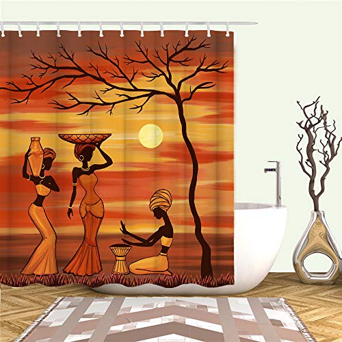 Afrikanische Frau Duschvorhang Set Traditionelle afrikanische Mädchen Arbeit unter Sonnenuntergang Baum Vorhang afrikanischer benutzerdefinierter Stoff Badezimmer Dekor mit Haken 183,9 x 183,9 cm von RnnJoile