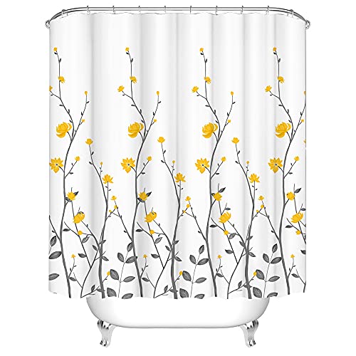 RnnJoile Gelb Blumen Badezimmer Duschvorhang Gelb Blumen mit grauen Blättern Badvorhang Weiß Muster Stoff Badezimmer Zubehör mit 12 Haken 183 x 183 cm von RnnJoile