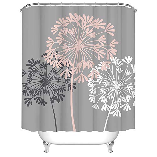 RnnJoile Schwarz und Weiß Pusteblume Blumen Badezimmer Kustainen Blüte Rosa Blumen Botanisch Badezimmer Dekor Abstrakt Löwenzahn Grau Duschvorhänge Haken enthalten 183 x 183 cm von RnnJoile