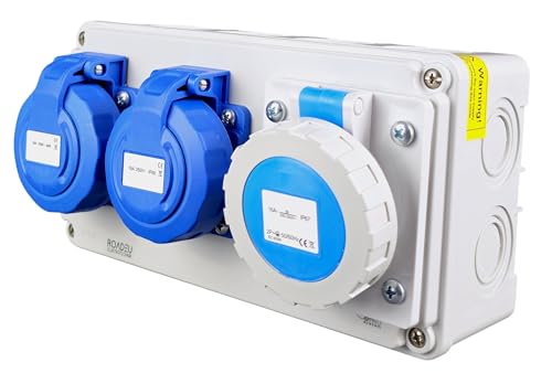 RoadEu – Steckdosenverteiler 2X Schuko 230V + CEE 16A 3-polig, Stromverteiler IP67 Wasserdicht, Außensteckdose mit Abdeckung, Wandverteiler für Indoor/Outdoor von RoadEu