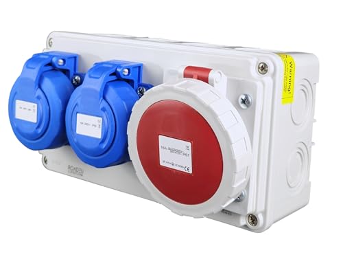 RoadEu – Steckdosenverteiler 2x Schuko 230V + CEE 16A 5-polig, Stromverteiler IP67 Wasserdicht, Außensteckdose mit Abdeckung, Baustromverteiler für Indoor/Outdoor von RoadEu