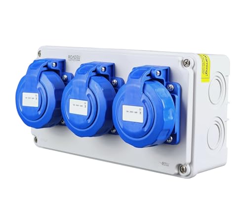 RoadEu – Steckdosenverteiler 3x Schuko 230V, Stromverteiler 16A IP67 Wasserdicht, Außensteckdose mit Abdeckung, Baustromverteiler für Indoor/Outdoor, Wandverteiler 230V von RoadEu