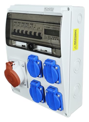 RoadEu Wandverteiler Baustromverteiler mit Stromzähler. CEE Steckdose 32A und 4x Schuko 230V. Stromverteiler mit Zähler und Leitungsschutzschalter. Komplett verdrahtet. von RoadEu