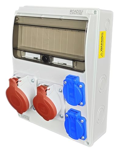 RoadEu Wandverteiler Stromverteiler. CEE Steckdose 16A und 32A mit 2x Schuko 230V. Steckdosenverteiler für den Innen- und Außenbereich. Komplett verdrahtet von RoadEu