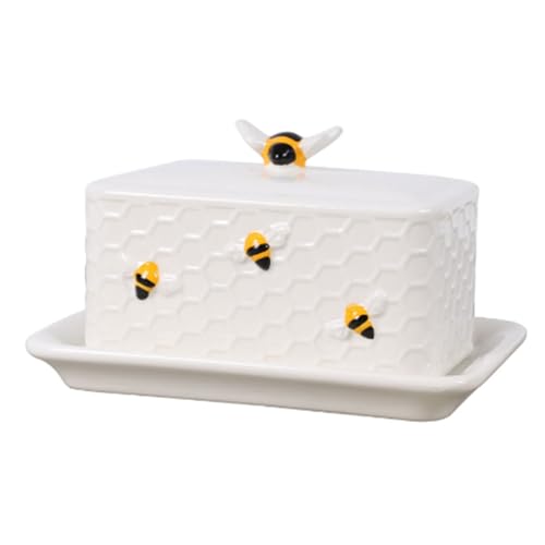 Butterdose Keramik,RoadLoo 1 Stück Butterdosen Porzellan Butterdosen mit Griff Weiße Bienen-Butterdose aus Keramik Dickwandiger Butterschale Butterbehälter spülmaschinenfest von RoadLoo