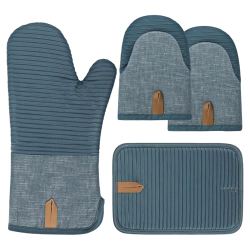 Ofenhandschuhe,RoadLoo 4er Set Hitzebeständige Topfhandschuhe Extra Lang Baumwolle Topflappen Set Mini-Ofenhandschuhe mit Anti-Rutsch Silikon Gestreift backhandschuhe zum Kochen Backen und Grillen von RoadLoo
