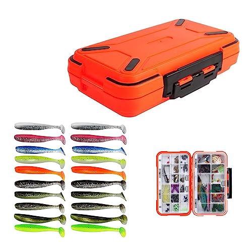 Tacklebox,RoadLoo Kunststoff Tackle Box Fishingtackle Wasserdicht Haken Köderbehälter 30 Faecher wasserdichte Angel Box und 20 Stück Gummifische Gummiköder Softbait für Kunstköder Köderbox (orange) von RoadLoo